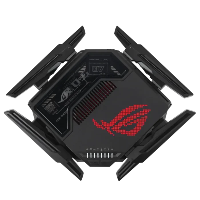 ASUS ROUTER/Gaming/WiFi7/1032+2882+5764Mbps/2.4GHz3x3/5GHz2x2/6GHz2x2/1xWAN(10G)/1xWAN(2.5G)/3xLAN/1xUSB/AiMesh/AiProtection/VPN - ASUS ROG Rapture GT-BE98, Wi-Fi 7 (802.11be), Quad-band (2.4 GHz / 5 GHz-1 / 5 GHz-2 / 6 GHz), Ethernet LAN, Black, Tabletop router