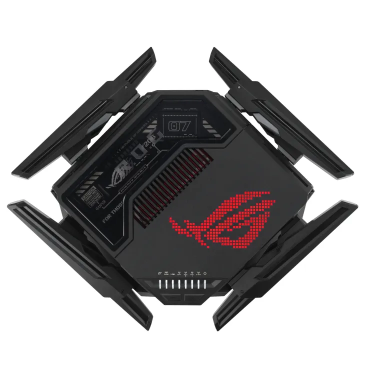 ASUS ROUTER/Gaming/WiFi7/1032+2882+5764Mbps/2.4GHz3x3/5GHz2x2/6GHz2x2/1xWAN(10G)/1xWAN(2.5G)/3xLAN/1xUSB/AiMesh/AiProtection/VPN - ASUS ROG Rapture GT-BE98, Wi-Fi 7 (802.11be), Quad-band (2.4 GHz / 5 GHz-1 / 5 GHz-2 / 6 GHz), Ethernet LAN, Black, Tabletop router