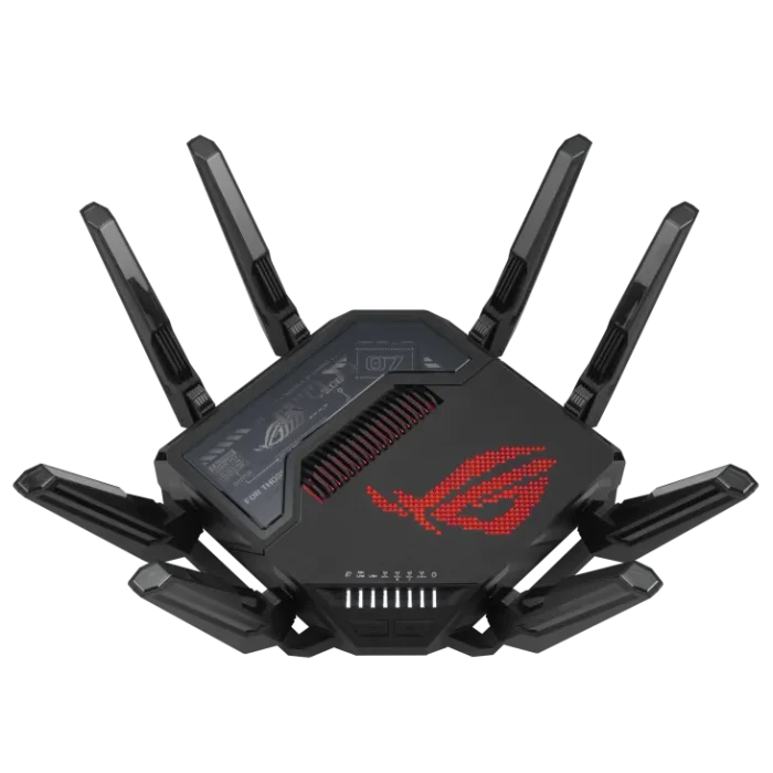 ASUS ROUTER/Gaming/WiFi7/1032+2882+5764Mbps/2.4GHz3x3/5GHz2x2/6GHz2x2/1xWAN(10G)/1xWAN(2.5G)/3xLAN/1xUSB/AiMesh/AiProtection/VPN - ASUS ROG Rapture GT-BE98, Wi-Fi 7 (802.11be), Quad-band (2.4 GHz / 5 GHz-1 / 5 GHz-2 / 6 GHz), Ethernet LAN, Black, Tabletop router