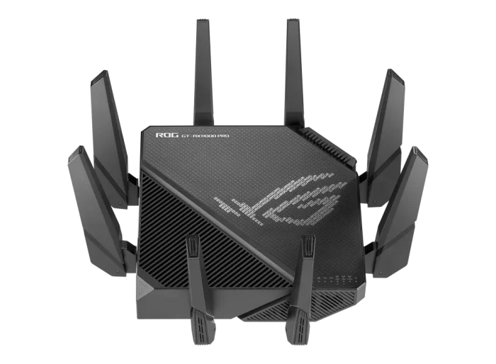 ASUS ROUTER/Gaming/2.4GHz 4x4 upto 1148Mbps/5GHz-2 4x4 upto 4808Mbps/2xWAN/4xLAN/2xUSB/AiMesh/AiProtection/VPN/90IG0720-MU2A00 - ASUS ROG Rapture GT-AX11000 Pro, Wi-Fi 6 (802.11ax), Tri-band (2.4 GHz / 5 GHz / 5 GHz), Ethernet LAN, Black, Tabletop router