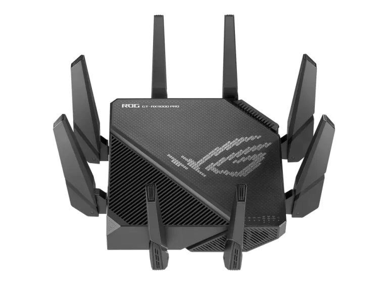 ASUS ROUTER/Gaming/2.4GHz 4x4 upto 1148Mbps/5GHz-2 4x4 upto 4808Mbps/2xWAN/4xLAN/2xUSB/AiMesh/AiProtection/VPN/90IG0720-MU2A00 - ASUS ROG Rapture GT-AX11000 Pro, Wi-Fi 6 (802.11ax), Tri-band (2.4 GHz / 5 GHz / 5 GHz), Ethernet LAN, Black, Tabletop router