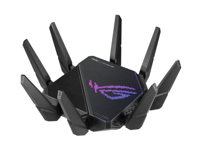 ASUS ROUTER/Gaming/2.4GHz 4x4 upto 1148Mbps/5GHz-2 4x4 upto 4808Mbps/2xWAN/4xLAN/2xUSB/AiMesh/AiProtection/VPN/90IG0720-MU2A00 - ASUS ROG Rapture GT-AX11000 Pro, Wi-Fi 6 (802.11ax), Tri-band (2.4 GHz / 5 GHz / 5 GHz), Ethernet LAN, Black, Tabletop router