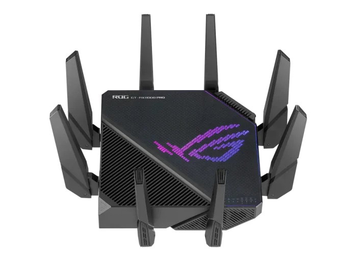 ASUS ROUTER/Gaming/2.4GHz 4x4 upto 1148Mbps/5GHz-2 4x4 upto 4808Mbps/2xWAN/4xLAN/2xUSB/AiMesh/AiProtection/VPN/90IG0720-MU2A00 - ASUS ROG Rapture GT-AX11000 Pro, Wi-Fi 6 (802.11ax), Tri-band (2.4 GHz / 5 GHz / 5 GHz), Ethernet LAN, Black, Tabletop router