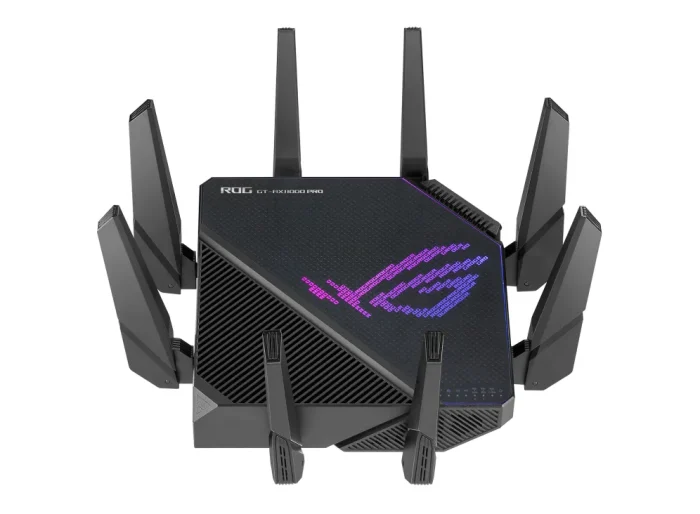 ASUS ROUTER/Gaming/2.4GHz 4x4 upto 1148Mbps/5GHz-2 4x4 upto 4808Mbps/2xWAN/4xLAN/2xUSB/AiMesh/AiProtection/VPN/90IG0720-MU2A00 - ASUS ROG Rapture GT-AX11000 Pro, Wi-Fi 6 (802.11ax), Tri-band (2.4 GHz / 5 GHz / 5 GHz), Ethernet LAN, Black, Tabletop router