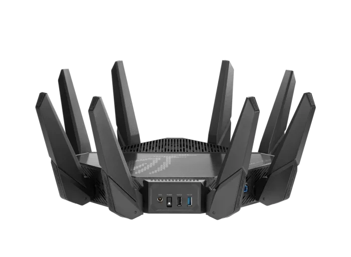 ASUS ROUTER/Gaming/2.4GHz 4x4 upto 1148Mbps/5GHz-2 4x4 upto 4808Mbps/2xWAN/4xLAN/2xUSB/AiMesh/AiProtection/VPN/90IG0720-MU2A00 - ASUS ROG Rapture GT-AX11000 Pro, Wi-Fi 6 (802.11ax), Tri-band (2.4 GHz / 5 GHz / 5 GHz), Ethernet LAN, Black, Tabletop router
