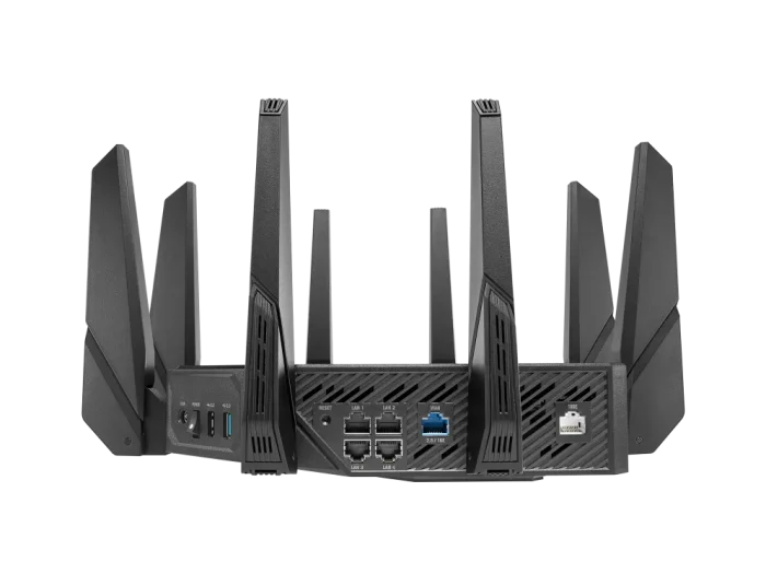 ASUS ROUTER/Gaming/2.4GHz 4x4 upto 1148Mbps/5GHz-2 4x4 upto 4808Mbps/2xWAN/4xLAN/2xUSB/AiMesh/AiProtection/VPN/90IG0720-MU2A00 - ASUS ROG Rapture GT-AX11000 Pro, Wi-Fi 6 (802.11ax), Tri-band (2.4 GHz / 5 GHz / 5 GHz), Ethernet LAN, Black, Tabletop router