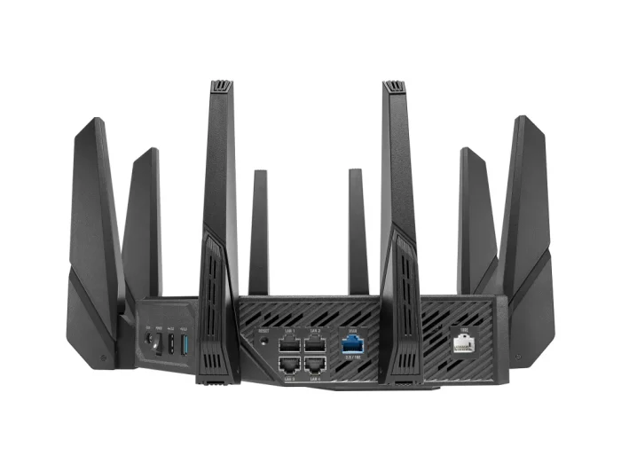 ASUS ROUTER/Gaming/2.4GHz 4x4 upto 1148Mbps/5GHz-2 4x4 upto 4808Mbps/2xWAN/4xLAN/2xUSB/AiMesh/AiProtection/VPN/90IG0720-MU2A00 - ASUS ROG Rapture GT-AX11000 Pro, Wi-Fi 6 (802.11ax), Tri-band (2.4 GHz / 5 GHz / 5 GHz), Ethernet LAN, Black, Tabletop router
