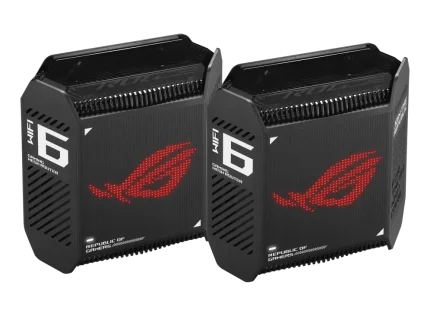 ASUS ROUTER/Gaming/2.4GHz 2x2 upto 574Mbps/5GHz-2 4x4 upto 4808Mbps/1xWAN/3xLAN/1xUSB/AiMesh/AiProtection/VPN 90IG07F0-MU9A20 - ASUS ROG Rapture GT6 (B-2-PK), Black, Internal, Mesh router, Power, 538.8 m², Tri-band (2.4 GHz / 5 GHz / 5 GHz)
