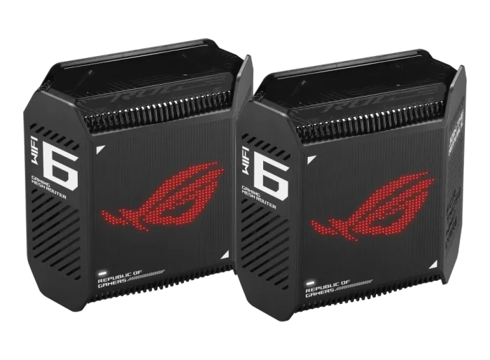 ASUS ROUTER/Gaming/2.4GHz 2x2 upto 574Mbps/5GHz-2 4x4 upto 4808Mbps/1xWAN/3xLAN/1xUSB/AiMesh/AiProtection/VPN 90IG07F0-MU9A20 - ASUS ROG Rapture GT6 (B-2-PK), Black, Internal, Mesh router, Power, 538.8 m², Tri-band (2.4 GHz / 5 GHz / 5 GHz)
