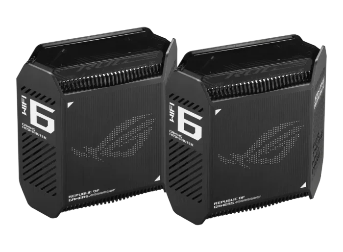 ASUS ROUTER/Gaming/2.4GHz 2x2 upto 574Mbps/5GHz-2 4x4 upto 4808Mbps/1xWAN/3xLAN/1xUSB/AiMesh/AiProtection/VPN 90IG07F0-MU9A20 - ASUS ROG Rapture GT6 (B-2-PK), Black, Internal, Mesh router, Power, 538.8 m², Tri-band (2.4 GHz / 5 GHz / 5 GHz)