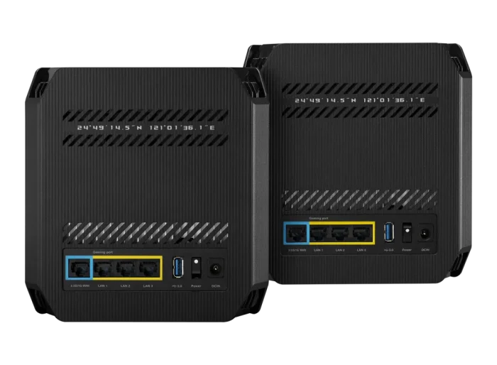 ASUS ROUTER/Gaming/2.4GHz 2x2 upto 574Mbps/5GHz-2 4x4 upto 4808Mbps/1xWAN/3xLAN/1xUSB/AiMesh/AiProtection/VPN 90IG07F0-MU9A20 - ASUS ROG Rapture GT6 (B-2-PK), Black, Internal, Mesh router, Power, 538.8 m², Tri-band (2.4 GHz / 5 GHz / 5 GHz)