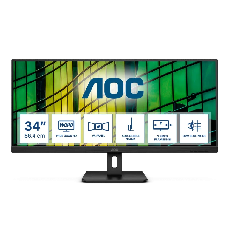 AOC-U34E2M Monitor | 34 inch | WQHD 3440x1440 100Hz | 1ms | DP VESA | Flicker Free | Low Blue Mode | AdaptiveSync | 3YR Warranty - AOC U34E2M, 86.4 cm (34"), 3440 x 1440 pixels, Wide Quad HD, 4 ms, Black