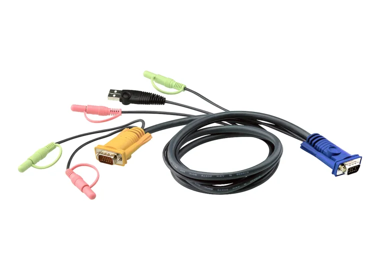ATEN 3M USB KVM Cable w/ Audio - SPHD15 & Audio to VGA; USB & Audio. (Speaker & MIC support). - ATEN USB KVM Cable 3m, 3 m, VGA, Black, HD-15, USB A, 2 x 3.5mm, HDB-15, 2 x 3.5mm, Male