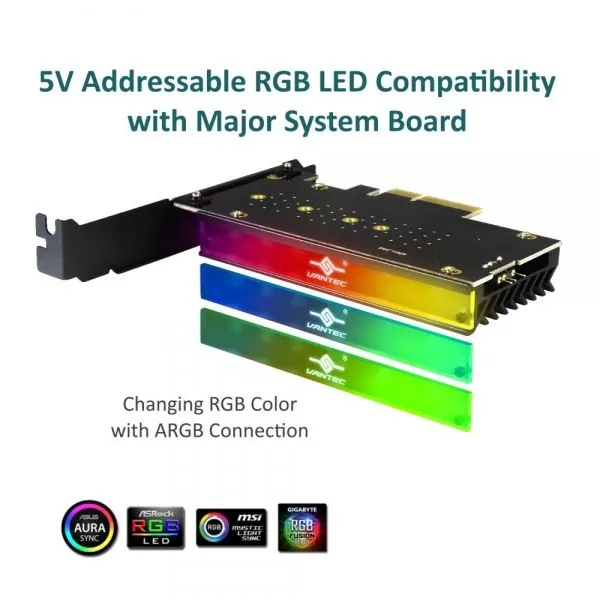 Vantec M.2 NVMe SSD PCIe X4 Adapter with Addressable RGB LED - Vantec UGT-M2PC12-RGB, PCIe, M.2, Black, 0.5 m, Windows 10, Windows 7, Windows 8, Windows 8.1, 120 mm