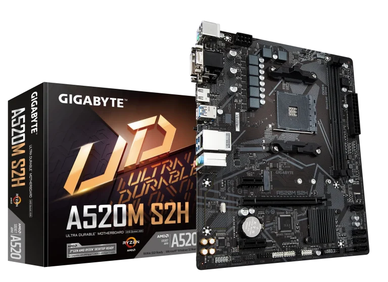 GIGABYTE Motherboard AMD A520M-S2H for 3rd/4th/5th Generation AMD Ryzen™ processors; 2x Dual DDR4; 1x M2; HDMI; DVI; VGA. - GIGABYTE A520M S2H Motherboard - Supports AMD Ryzen 5000 Series AM4 CPUs, 4+3 Phases Pure Digital VRM, up to 5100MHz DDR4 (OC), PCIe 3.0 x4 M.2, GbE LAN, USB 3.2 Gen 1, AMD, Socket AM4, 3rd Generation AMD Ryzen™ 3, Socket AM4, 64 GB, DDR4-SDRAM
