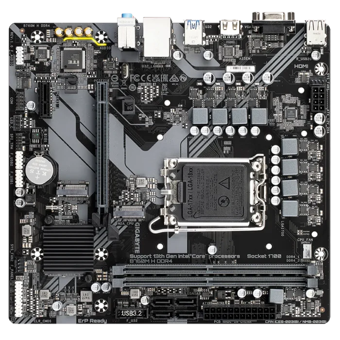 GIGABYTE Motherboard Intel® B760 Chipset for LGA 1700; 2x DDR4; 2x M2; VGA/HDMI; mATX. - GIGABYTE B760M H DDR4 Motherboard - Supports Intel Core 14th Gen CPUs, 6+1+1 Phases Digital VRM, up to 3200MHz DDR4 (OC), 2xPCIe 4.0 M.2, GbE LAN, USB 3.2 Gen1, Intel, LGA 1700, Intel® Celeron®, Intel® Pentium® Gold, LGA 1700, 64 GB, DDR4-SDRAM