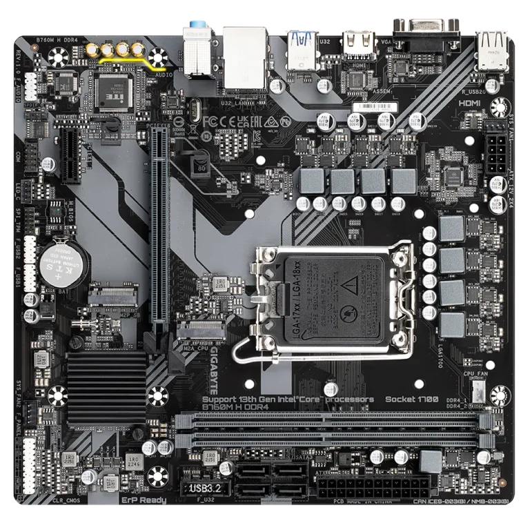 GIGABYTE Motherboard Intel® B760 Chipset for LGA 1700; 2x DDR4; 2x M2; VGA/HDMI; mATX. - GIGABYTE B760M H DDR4 Motherboard - Supports Intel Core 14th Gen CPUs, 6+1+1 Phases Digital VRM, up to 3200MHz DDR4 (OC), 2xPCIe 4.0 M.2, GbE LAN, USB 3.2 Gen1, Intel, LGA 1700, Intel® Celeron®, Intel® Pentium® Gold, LGA 1700, 64 GB, DDR4-SDRAM