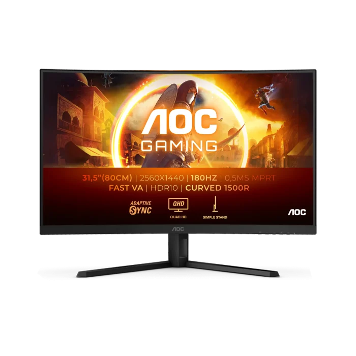 AOC-CQ32G4VE Gaming Monitor|Curved 32 inch|VA QHD 2560x1440 180Hz|1ms|HDMI DP|VESA|Flicker Free;|Low Blue Model | Adaptive Syn - AOC G4 CQ32G4VE, 81.3 cm (32"), 2560 x 1440 pixels, Quad HD, LCD, 0.5 ms, Black, Grey