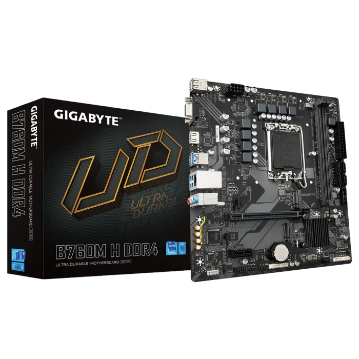 GIGABYTE Motherboard Intel® B760 Chipset for LGA 1700; 2x DDR4; 2x M2; VGA/HDMI; mATX. - GIGABYTE B760M H DDR4 Motherboard - Supports Intel Core 14th Gen CPUs, 6+1+1 Phases Digital VRM, up to 3200MHz DDR4 (OC), 2xPCIe 4.0 M.2, GbE LAN, USB 3.2 Gen1, Intel, LGA 1700, Intel® Celeron®, Intel® Pentium® Gold, LGA 1700, 64 GB, DDR4-SDRAM