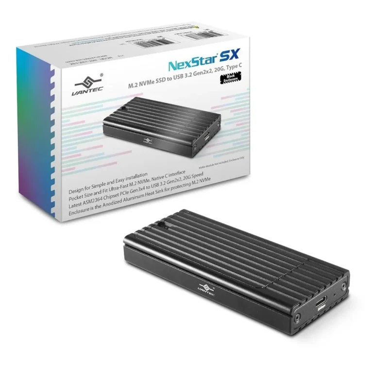 NexStar SX; M.2 NVMe SSD to USB 3.2 Gen2x2; 20G; Type C; Black Enclosure (NST-230C3-BK) - Vantec NST-230C3-BK, SSD enclosure, M.2, PCI Express 3.0, USB connectivity, Black