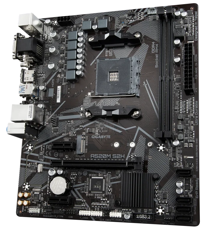 GIGABYTE Motherboard AMD A520M-S2H for 3rd/4th/5th Generation AMD Ryzen™ processors; 2x Dual DDR4; 1x M2; HDMI; DVI; VGA. - GIGABYTE A520M S2H Motherboard - Supports AMD Ryzen 5000 Series AM4 CPUs, 4+3 Phases Pure Digital VRM, up to 5100MHz DDR4 (OC), PCIe 3.0 x4 M.2, GbE LAN, USB 3.2 Gen 1, AMD, Socket AM4, 3rd Generation AMD Ryzen™ 3, Socket AM4, 64 GB, DDR4-SDRAM