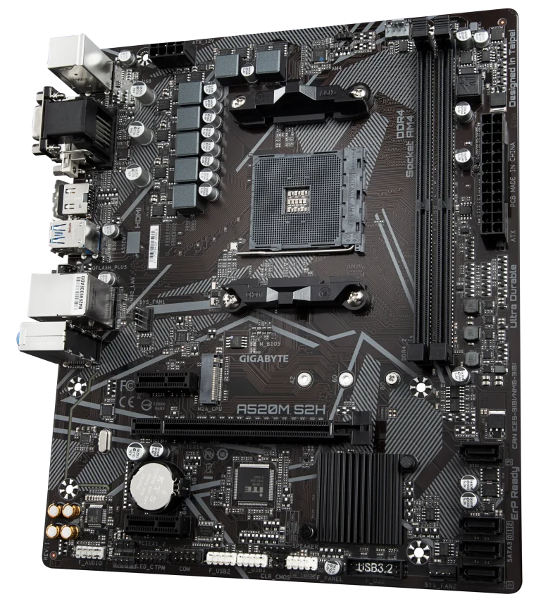 GIGABYTE Motherboard AMD A520M-S2H for 3rd/4th/5th Generation AMD Ryzen™ processors; 2x Dual DDR4; 1x M2; HDMI; DVI; VGA. - GIGABYTE A520M S2H Motherboard - Supports AMD Ryzen 5000 Series AM4 CPUs, 4+3 Phases Pure Digital VRM, up to 5100MHz DDR4 (OC), PCIe 3.0 x4 M.2, GbE LAN, USB 3.2 Gen 1, AMD, Socket AM4, 3rd Generation AMD Ryzen™ 3, Socket AM4, 64 GB, DDR4-SDRAM