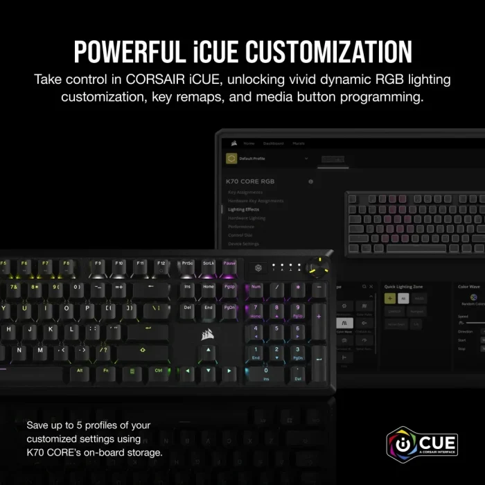 Corsair K70 CORE RGB Mechanical Gaming Keyboard - CORSAIR Red Linear Switches - Corsair K70, Full-size (100%), USB, Mechanical, Black