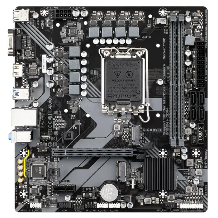 GIGABYTE Motherboard Intel® B760 Chipset for LGA 1700; 2x DDR4; 2x M2; VGA/HDMI; mATX. - GIGABYTE B760M H DDR4 Motherboard - Supports Intel Core 14th Gen CPUs, 6+1+1 Phases Digital VRM, up to 3200MHz DDR4 (OC), 2xPCIe 4.0 M.2, GbE LAN, USB 3.2 Gen1, Intel, LGA 1700, Intel® Celeron®, Intel® Pentium® Gold, LGA 1700, 64 GB, DDR4-SDRAM