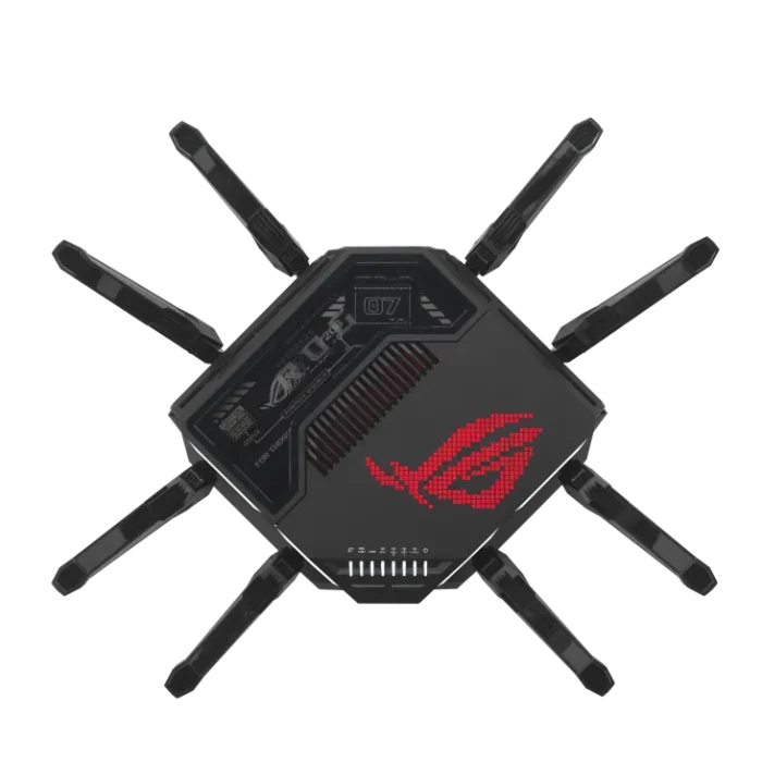 ASUS ROUTER/Gaming/WiFi7/1032+2882+5764Mbps/2.4GHz3x3/5GHz2x2/6GHz2x2/1xWAN(10G)/1xWAN(2.5G)/3xLAN/1xUSB/AiMesh/AiProtection/VPN - ASUS ROG Rapture GT-BE98, Wi-Fi 7 (802.11be), Quad-band (2.4 GHz / 5 GHz-1 / 5 GHz-2 / 6 GHz), Ethernet LAN, Black, Tabletop router