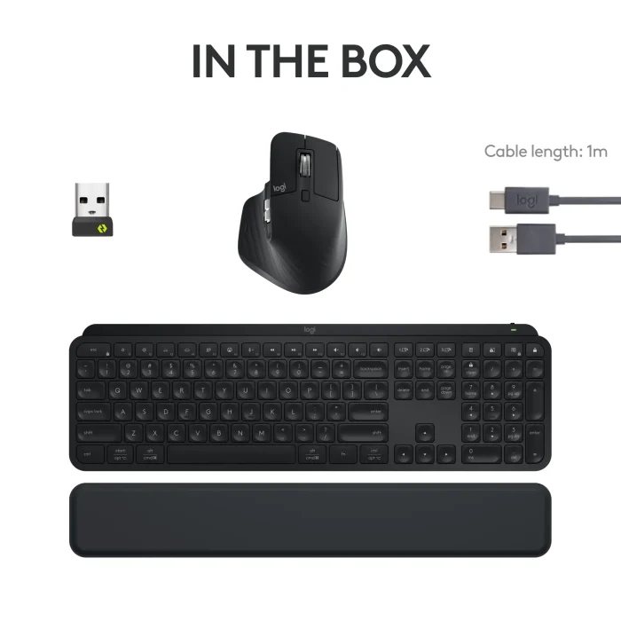 920-011614- Logitech MX Keys S Perfomance Combo: MX Master 3S; MX Keys S & MX Palm Rest- GRAPHITE - Logitech MX Keys S Combo, Wireless, RF Wireless + Bluetooth, Scissor key switch, QWERTY, LED, Graphite