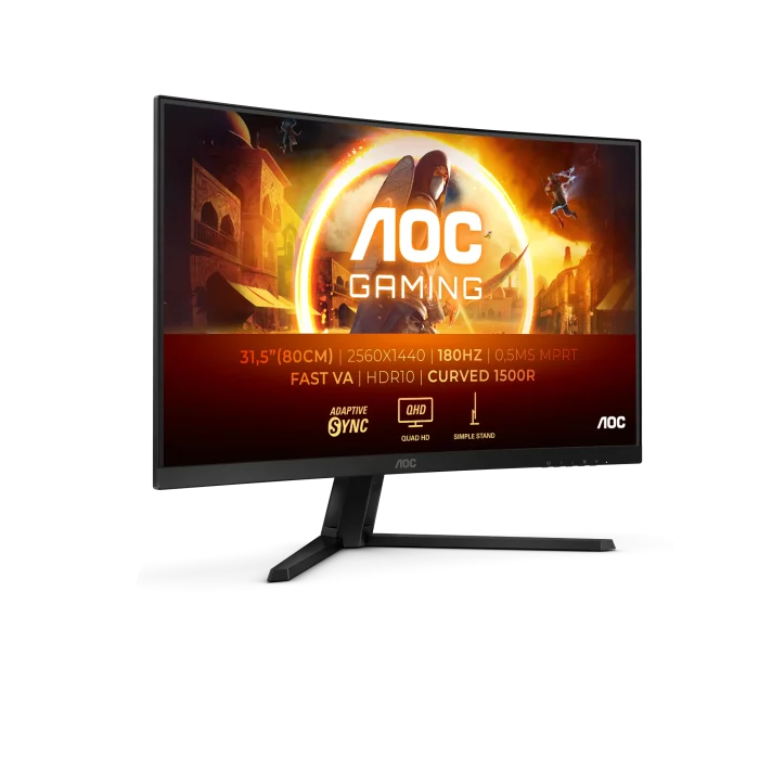 AOC-CQ32G4VE Gaming Monitor|Curved 32 inch|VA QHD 2560x1440 180Hz|1ms|HDMI DP|VESA|Flicker Free;|Low Blue Model | Adaptive Syn - AOC G4 CQ32G4VE, 81.3 cm (32"), 2560 x 1440 pixels, Quad HD, LCD, 0.5 ms, Black, Grey