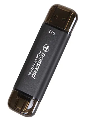 TRANSCEND 2 TB ESD310C USB3.2 TYPE A & C (USB 10Gbps) OTG COMPACT PORTABLE SSD  - Read 1050MB/s Write 950 MB/s - Black - Transcend TS2TESD310C, 2 TB, USB Type-A to USB Type-C, 3.2 Gen 2 (3.1 Gen 2), 1050 MB/s, Black
