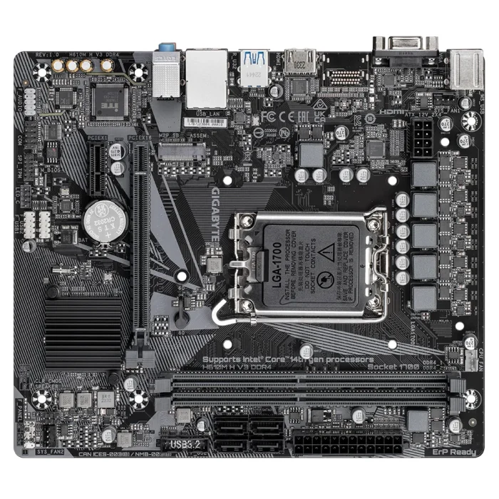 GIGABYTE Motherboard Intel® H610 Chipset for LGA 1700; 2x DDR4; 1x M2; D-Sub/HDMI; mATX - Gigabyte H610M H V3 DDR4 Motherboard - Supports Intel Core 14th CPUs, 4+1+1 Hybrid Phases Digital VRM, up to 3200MHz DDR4, 1xPCIe 3.0 M.2, GbE LAN, USB 3.2 Gen 1, Intel, LGA 1700, Intel® Celeron®, Intel® Core™ i3, Intel® Core™ i5, Intel® Core™ i7, Intel® Core™ i9,..., LGA 1700, DDR4-SDRAM, 64 GB