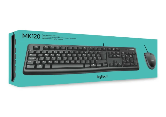 920-002562 - LOGI MK120 Corded Keyboard and Mouse Combo spill resistant - Logitech Desktop MK120, Standard, Wired, USB, QWERTY, Black, Mouse included