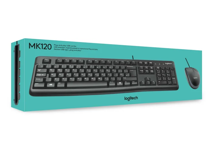 920-002562 - LOGI MK120 Corded Keyboard and Mouse Combo spill resistant - Logitech Desktop MK120, Standard, Wired, USB, QWERTY, Black, Mouse included