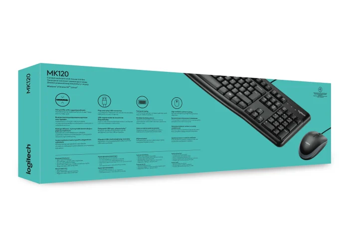 920-002562 - LOGI MK120 Corded Keyboard and Mouse Combo spill resistant - Logitech Desktop MK120, Standard, Wired, USB, QWERTY, Black, Mouse included