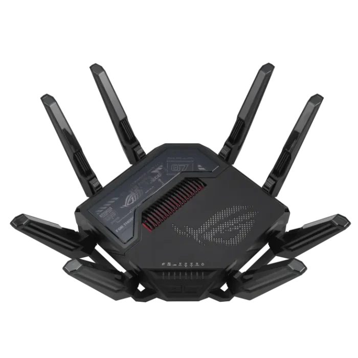 ASUS ROUTER/Gaming/WiFi7/1032+2882+5764Mbps/2.4GHz3x3/5GHz2x2/6GHz2x2/1xWAN(10G)/1xWAN(2.5G)/3xLAN/1xUSB/AiMesh/AiProtection/VPN - ASUS ROG Rapture GT-BE98, Wi-Fi 7 (802.11be), Quad-band (2.4 GHz / 5 GHz-1 / 5 GHz-2 / 6 GHz), Ethernet LAN, Black, Tabletop router