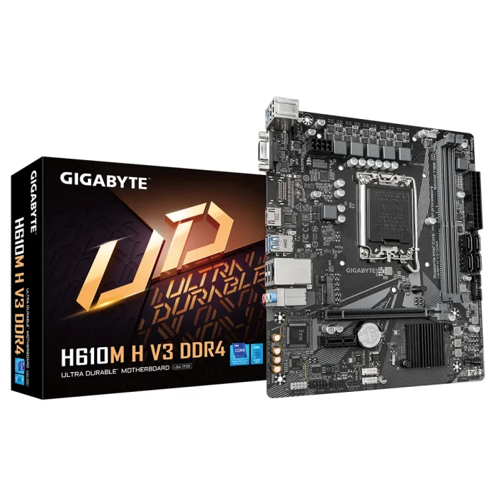 GIGABYTE Motherboard Intel® H610 Chipset for LGA 1700; 2x DDR4; 1x M2; D-Sub/HDMI; mATX - Gigabyte H610M H V3 DDR4 Motherboard - Supports Intel Core 14th CPUs, 4+1+1 Hybrid Phases Digital VRM, up to 3200MHz DDR4, 1xPCIe 3.0 M.2, GbE LAN, USB 3.2 Gen 1, Intel, LGA 1700, Intel® Celeron®, Intel® Core™ i3, Intel® Core™ i5, Intel® Core™ i7, Intel® Core™ i9,..., LGA 1700, DDR4-SDRAM, 64 GB