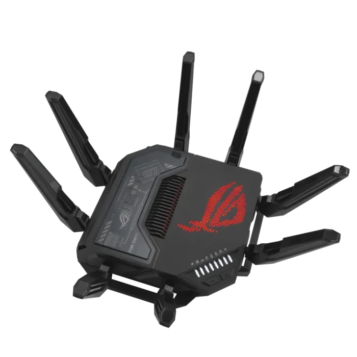 ASUS ROUTER/Gaming/WiFi7/1032+2882+5764Mbps/2.4GHz3x3/5GHz2x2/6GHz2x2/1xWAN(10G)/1xWAN(2.5G)/3xLAN/1xUSB/AiMesh/AiProtection/VPN - ASUS ROG Rapture GT-BE98, Wi-Fi 7 (802.11be), Quad-band (2.4 GHz / 5 GHz-1 / 5 GHz-2 / 6 GHz), Ethernet LAN, Black, Tabletop router