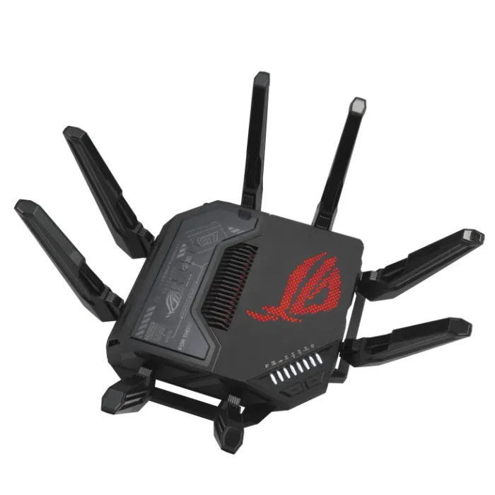 ASUS ROUTER/Gaming/WiFi7/1032+2882+5764Mbps/2.4GHz3x3/5GHz2x2/6GHz2x2/1xWAN(10G)/1xWAN(2.5G)/3xLAN/1xUSB/AiMesh/AiProtection/VPN - ASUS ROG Rapture GT-BE98, Wi-Fi 7 (802.11be), Quad-band (2.4 GHz / 5 GHz-1 / 5 GHz-2 / 6 GHz), Ethernet LAN, Black, Tabletop router