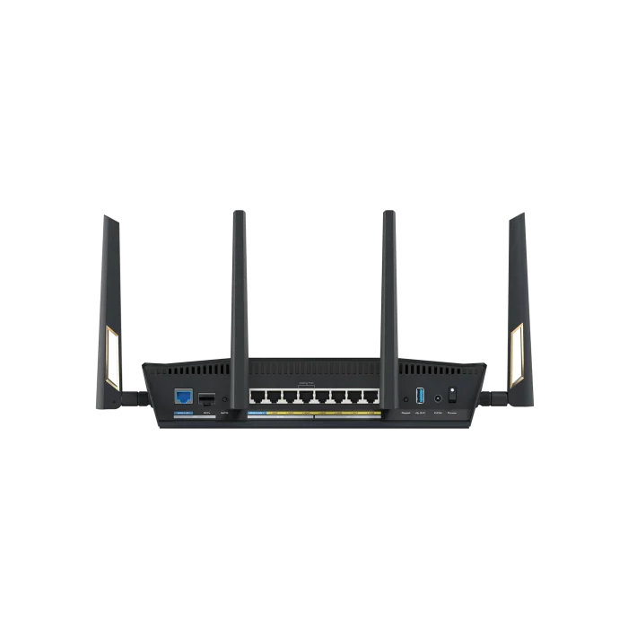 ASUS ROUTER/Expert/Wi-Fi 7/1376+5764 Mbps/2.4GHz 4x4/5GHz 4x4/2xWAN/9xLAN/AiMesh/AiProtection/ - ASUS RT-BE88U, Wi-Fi 7 (802.11be), Dual-band (2.4 GHz / 5 GHz), Ethernet LAN, Black, Grey, Tabletop router