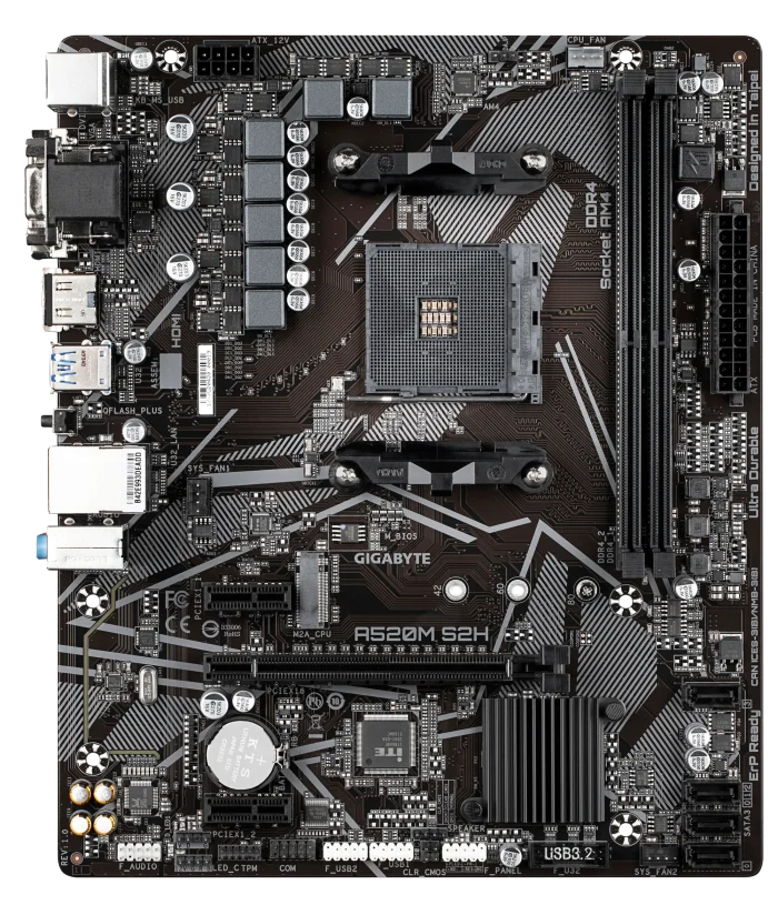 GIGABYTE Motherboard AMD A520M-S2H for 3rd/4th/5th Generation AMD Ryzen™ processors; 2x Dual DDR4; 1x M2; HDMI; DVI; VGA. - GIGABYTE A520M S2H Motherboard - Supports AMD Ryzen 5000 Series AM4 CPUs, 4+3 Phases Pure Digital VRM, up to 5100MHz DDR4 (OC), PCIe 3.0 x4 M.2, GbE LAN, USB 3.2 Gen 1, AMD, Socket AM4, 3rd Generation AMD Ryzen™ 3, Socket AM4, 64 GB, DDR4-SDRAM