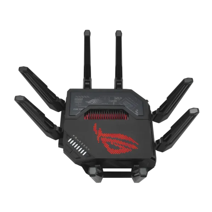 ASUS ROUTER/Gaming/WiFi7/1032+2882+5764Mbps/2.4GHz3x3/5GHz2x2/6GHz2x2/1xWAN(10G)/1xWAN(2.5G)/3xLAN/1xUSB/AiMesh/AiProtection/VPN - ASUS ROG Rapture GT-BE98, Wi-Fi 7 (802.11be), Quad-band (2.4 GHz / 5 GHz-1 / 5 GHz-2 / 6 GHz), Ethernet LAN, Black, Tabletop router