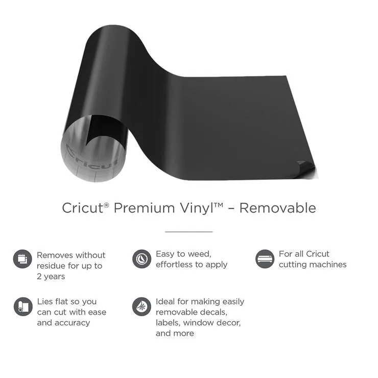 2004296: Cricut Premium Vinyl Removable 30.5 cm x 122 cm (Black) - Cricut Prem Vinyl, Removable, Black, Vinyl, Indoor, 1220 mm, 305 mm