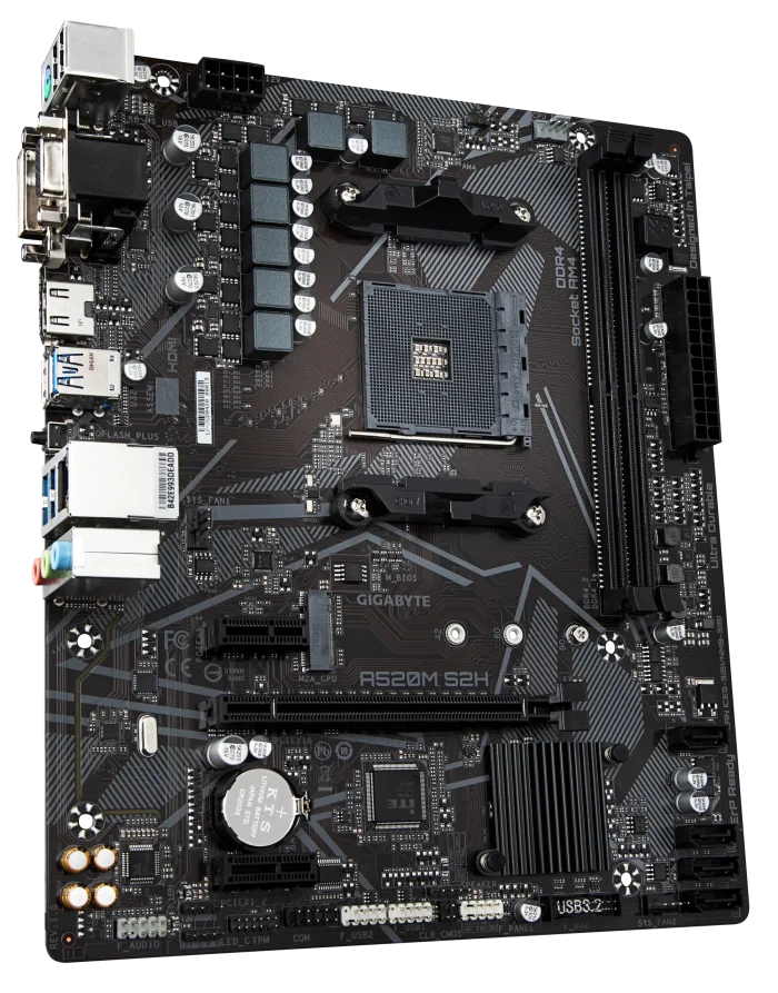 GIGABYTE Motherboard AMD A520M-S2H for 3rd/4th/5th Generation AMD Ryzen™ processors; 2x Dual DDR4; 1x M2; HDMI; DVI; VGA. - GIGABYTE A520M S2H Motherboard - Supports AMD Ryzen 5000 Series AM4 CPUs, 4+3 Phases Pure Digital VRM, up to 5100MHz DDR4 (OC), PCIe 3.0 x4 M.2, GbE LAN, USB 3.2 Gen 1, AMD, Socket AM4, 3rd Generation AMD Ryzen™ 3, Socket AM4, 64 GB, DDR4-SDRAM
