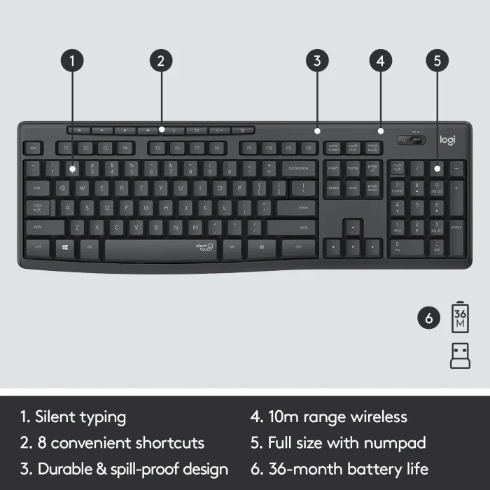 920-009800 - LOGI MK295 Wireless keyboard and mouse Combo Desktop Silent GRAPHITE - Logitech MK295 Silent Wireless Combo, Full-size (100%), USB, QWERTY, Graphite, Mouse included