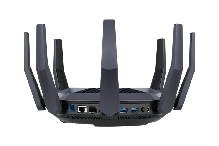 ASUS ROUTER/Gaming/2.4GHz 4x4up to1148Mbps/5GHz 8x8up to 4808Mbps/1xWAN/8xLAN/1xUSB/1xSFP/AiMesh/AiProtection/VPN90IG04J1-BM3010 - ASUS RT-AX89X AX6000 AiMesh, Wi-Fi 6 (802.11ax), Dual-band (2.4 GHz / 5 GHz), Ethernet LAN, 3G, Black, Tabletop router