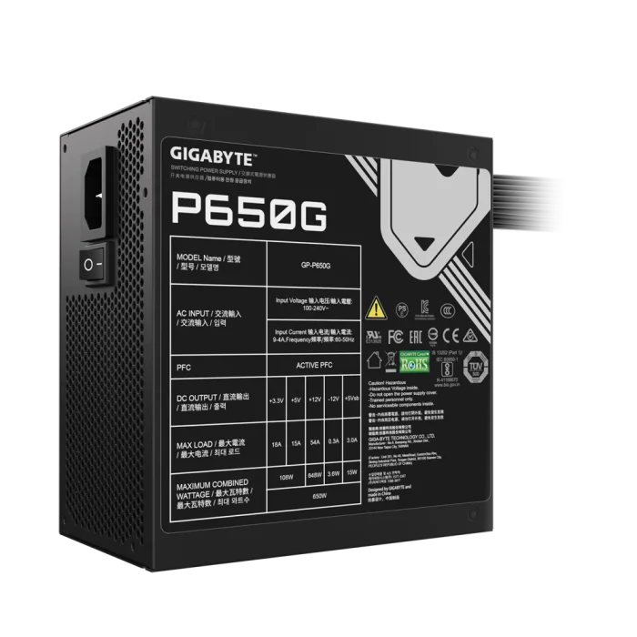 Gigabyte PSU P650B Gold Certified 650W - 3 Year Warranty; 24/20-pin x 1; CPU 4+4-pin x 1; PCI-E 6+2-pin x 2; SATA x 6; Peri x3 - GIGABYTE GP-P650G, 650 W, 100 - 240 V, 12 - 6 A, 12 A, 6 A, Active