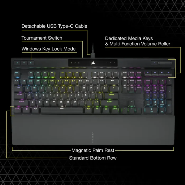Corsair K70 RGB PRO Mechanical Gaming Keyboard - CHERRY MX SPEED Silver Keyswitches - Black - Corsair K70 RGB PRO, Full-size (100%), USB, Mechanical, QWERTY, RGB LED, Black