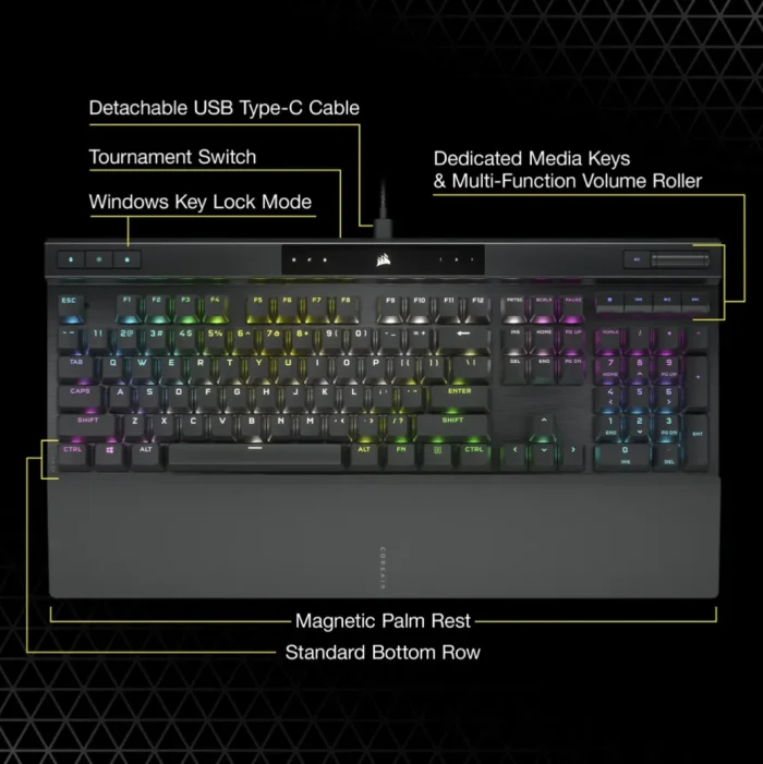 Corsair K70 RGB PRO Mechanical Gaming Keyboard - CHERRY MX SPEED Silver Keyswitches - Black - Corsair K70 RGB PRO, Full-size (100%), USB, Mechanical, QWERTY, RGB LED, Black